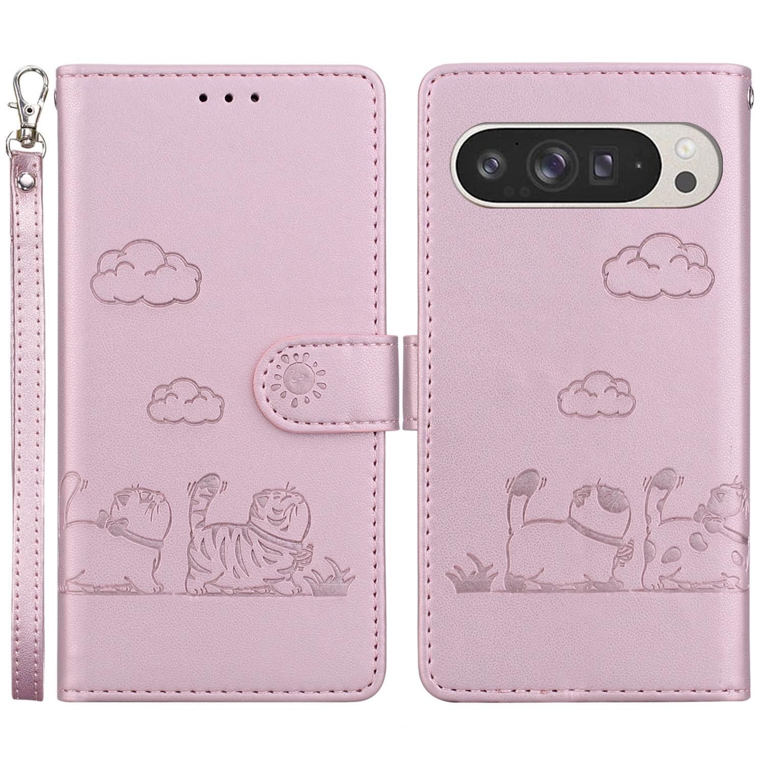 

For Google Pixel 9 Pro XL Case RFID Blocking Kitten Pattern TPU+PU Leather Phone Cover Pink