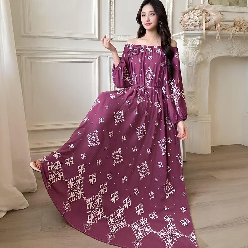 Fattened extra large size floral long-sleeved dress 100kg fat girl long dress one-word shoulder loose maternity dress