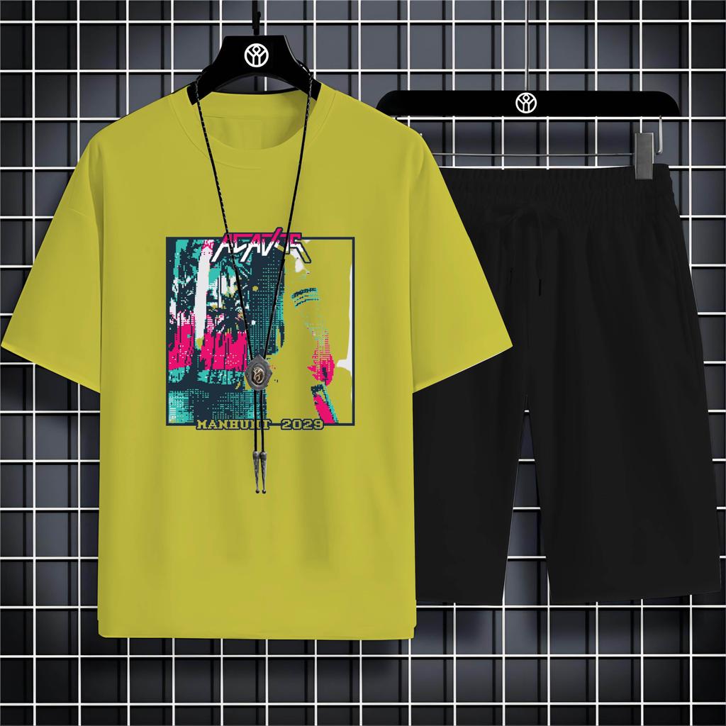 Fashion Four Seasons Casual Sports Style 2d Letter Print Adult Men'S Round Neck Loose Short Sleeve T-Shirt Trouser Set Quick Dry