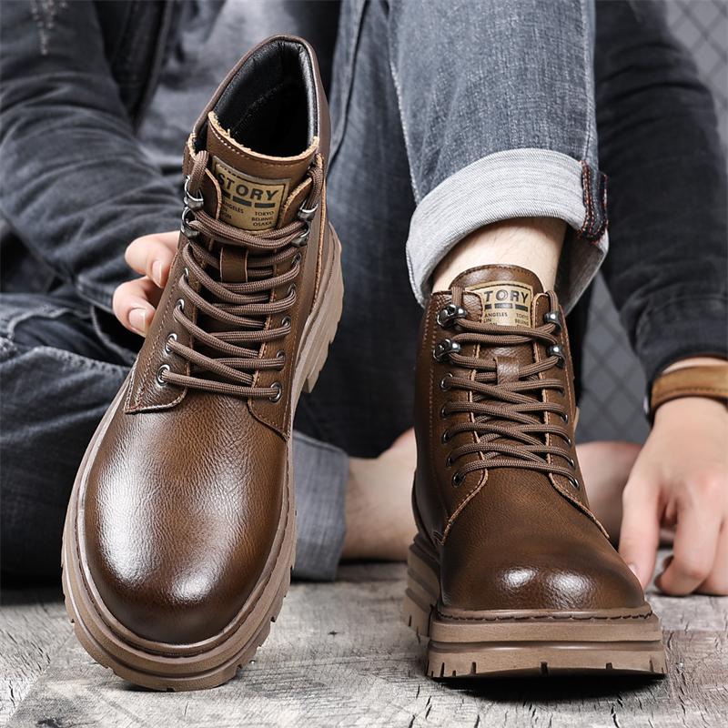 Outdoor Leather Ankle Boots New Men High Top Sneakers Fashion Lace Up Motorcycle Boots Non-Slip Man Winter Plush Snow Botas