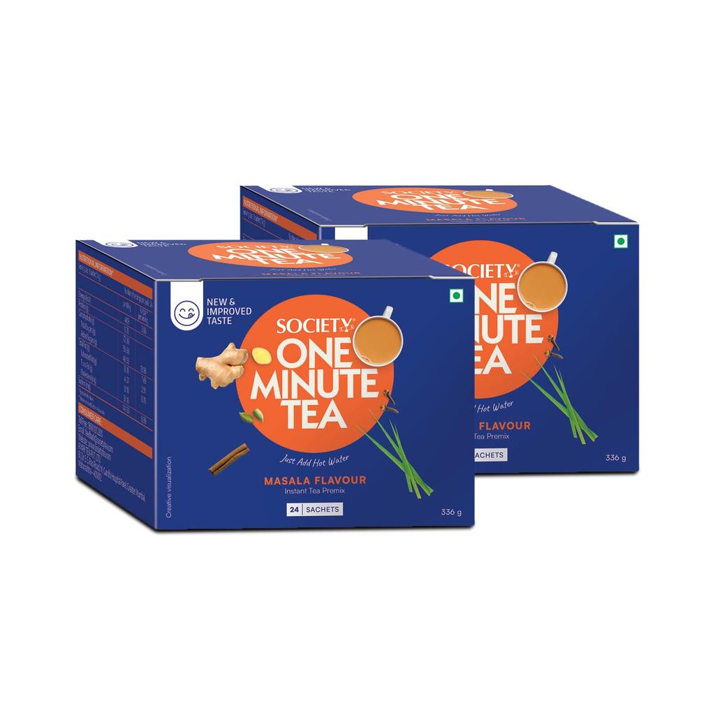 Society One Minute Tea (24 sachets) x Pack Of 2 Travel Masala Chai 336g Strong Blend With Indian Spices