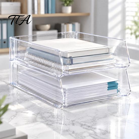 Desktop Stationery Storage Case Large Capacity Desk Organizer for Documents Files Letters A4 Paper Book Notes Mail, Clear File Sorter Stackable Tray,