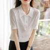 Women's White POLO Collar Knitted T-shirt Summer Loose Ice Silk T-shirt Hollowed Out Knitted Top