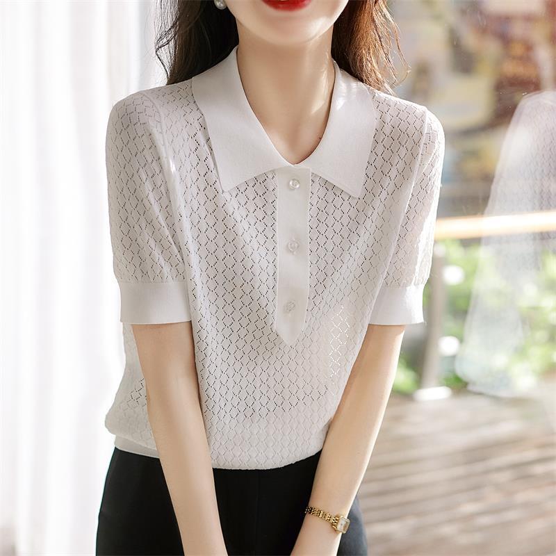 Women's White POLO Collar Knitted T-shirt Summer Loose Ice Silk T-shirt Hollowed Out Knitted Top