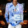 Women's Casual Christmas Print Button Down Long Sleeve Collared Blouse Top with Side Slits