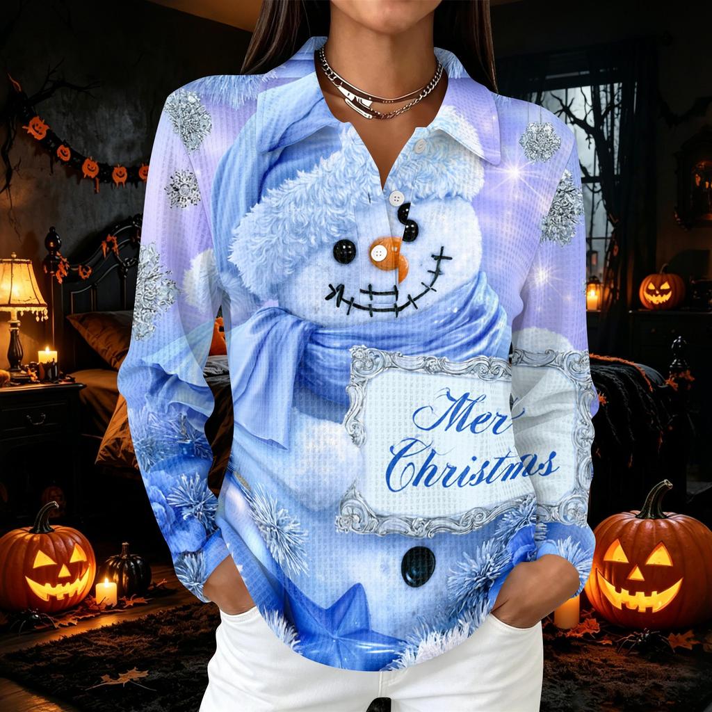 Women's Casual Christmas Print Button Down Long Sleeve Collared Blouse Top with Side Slits