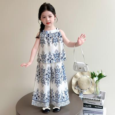 Mädchen Sommer ärmelloses Hals-Set, neue Kinder Urlaubsstil Baby Mädchen Wide-Leg Hose, dünnes zweiteiliges Set