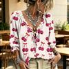 Women's Printed V-Neck Blouse with Tie and Ruffle Trim for Casual Wear
