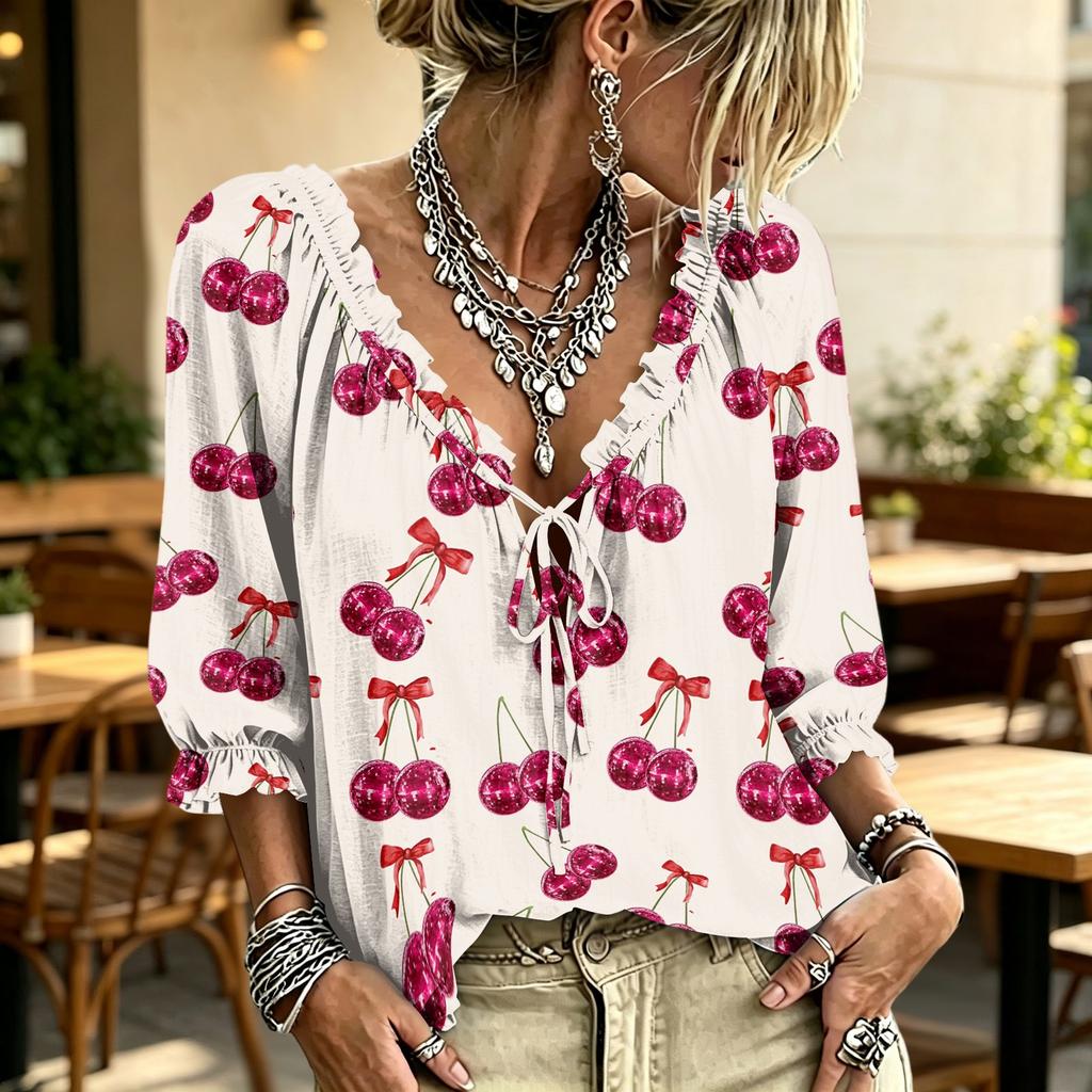 Women's Printed V-Neck Blouse with Tie and Ruffle Trim for Casual Wear