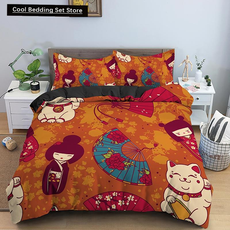 Bettbezug mit japanischer Puppe, bedruckt, King-Queen-Bett, Cartoon-Glückskatze, Bettwäscheset für Kinder und Mädchen, Fan, weiß, 2/3-teilig, Polyester-Bettbezug