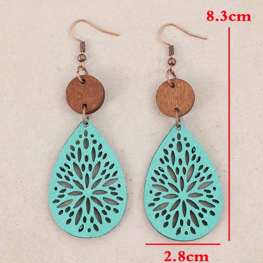 1 Paio Orecchini Pendenti Bohemien Vintage Intagliati a Intarsio in Pelle e Fetta di Legno per Donna