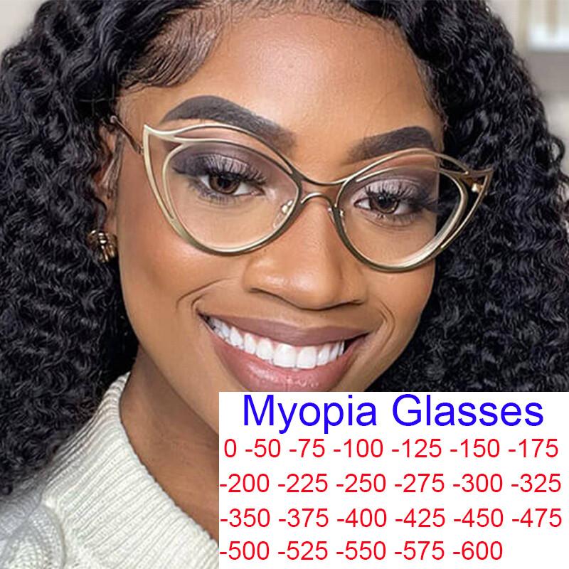 Metal Hollow Cat Eye Anti-blue Light Myopia Glasses Women 2025 New Personalized Vintage Eyeglasses Minus Diopter Eyewear
