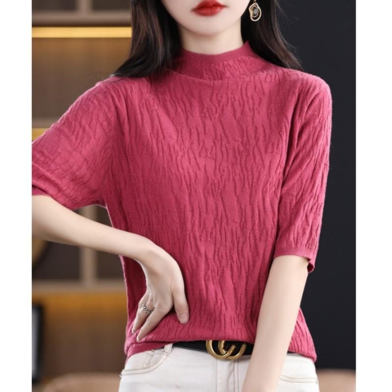Women's Summer Half-High Neck Knit Top Solid Color Slim-Fit Elegant Blouse