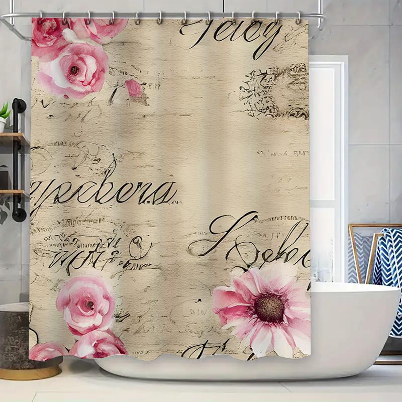 

Romantic Pink Rose Print Shower Curtain Decor with Lavender Flowers Design Perfect for Bathroom Accessories Home Decor (White) 90x180cm