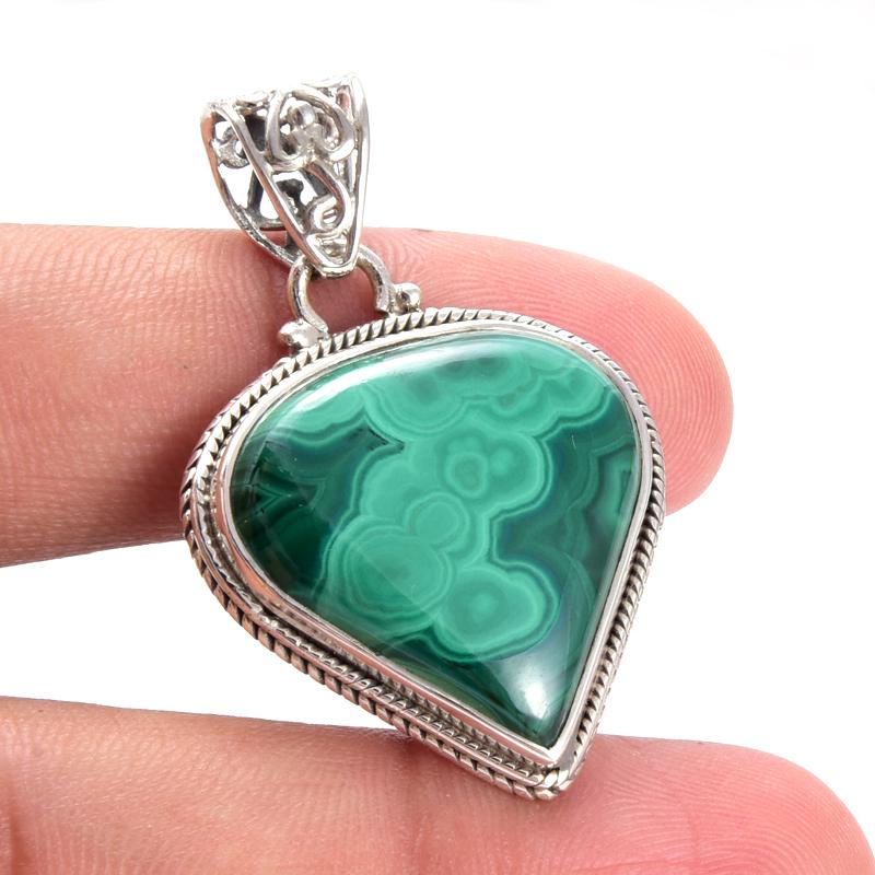 Natural Malachite Gemstone 925 Solid Sterling Silver Jewelry Pendant 1.5'' L4j19
