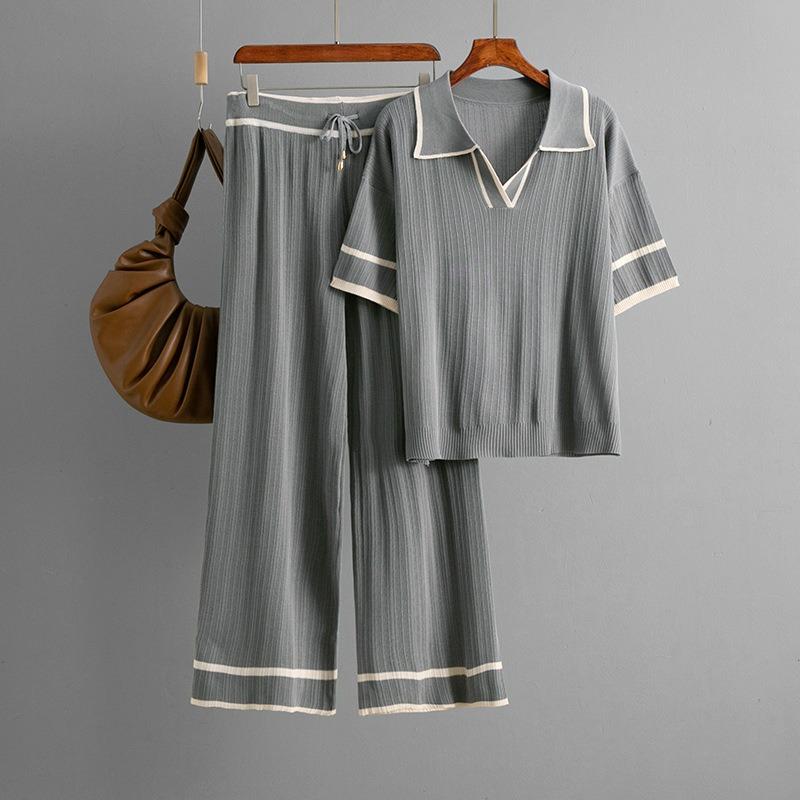 suit new summer dress olo collar short sleeve fashion casual loose high waist knitted two-piece set