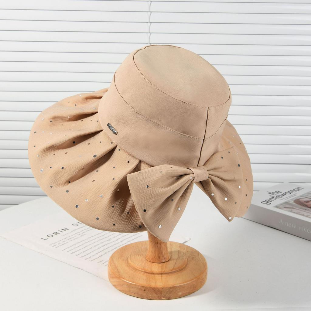 Bow Decorative Sequins Design Big Eaves Bucket Hat Outdoor Casual Fashion Breathable Sun Hat