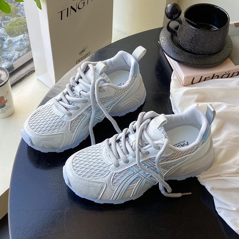 2025 New Korean Version of Leather Mesh Breathable Color Matching Casual Shoes Women's Versatile and Lightweight Sports Forrest Gump Shoes