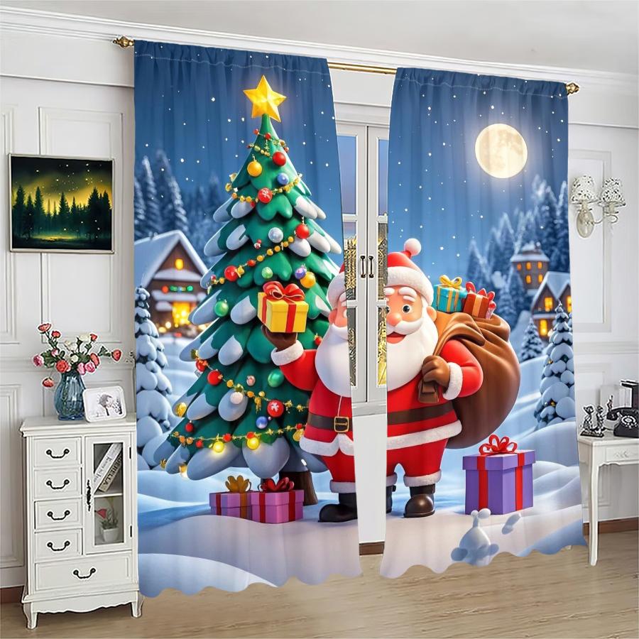 Set Of 2 Christmas Santa Claus Tree Pattern Printed Curtains Decorations Home Room Curtain Polyester Stylish