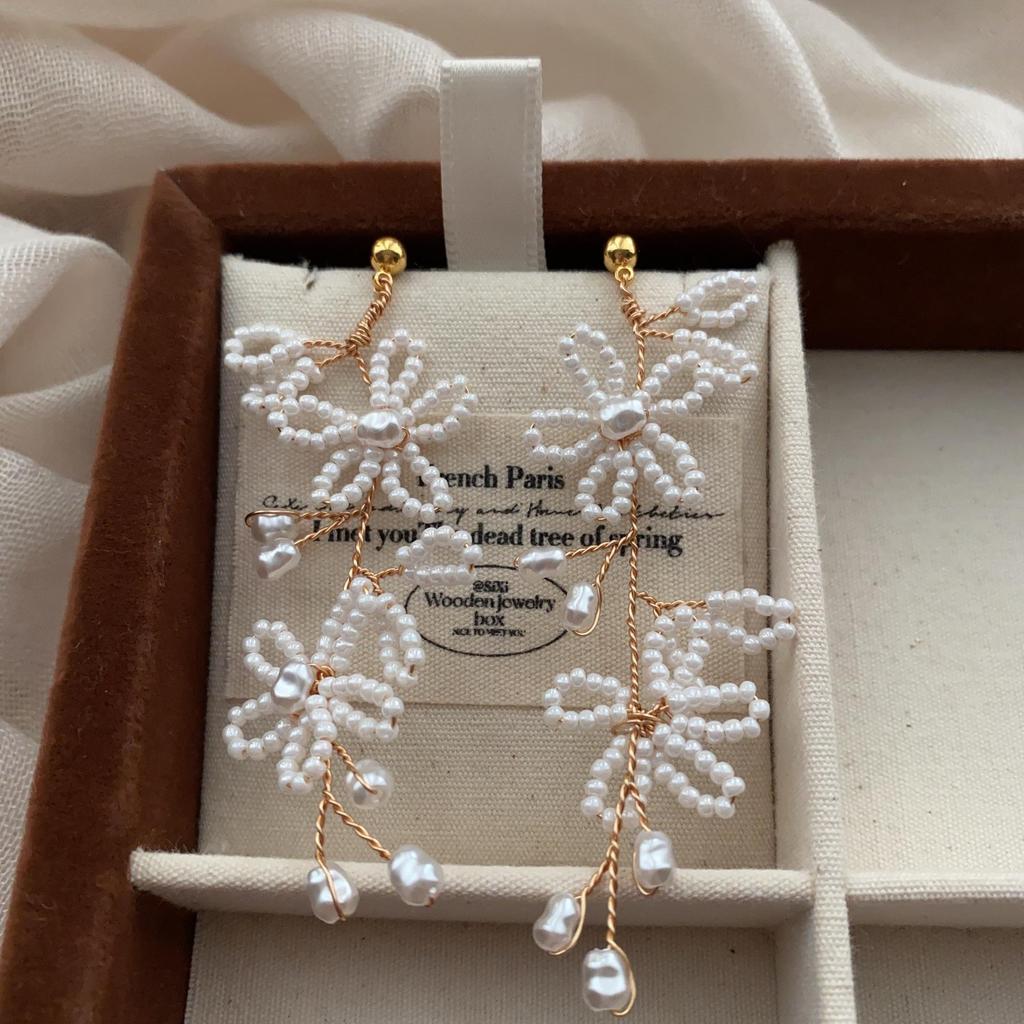 Pearl Rice Beads Flower Beaded Fringed Earrings Earrings Versatile Fresh And Elegant Natural Temperament Earrings