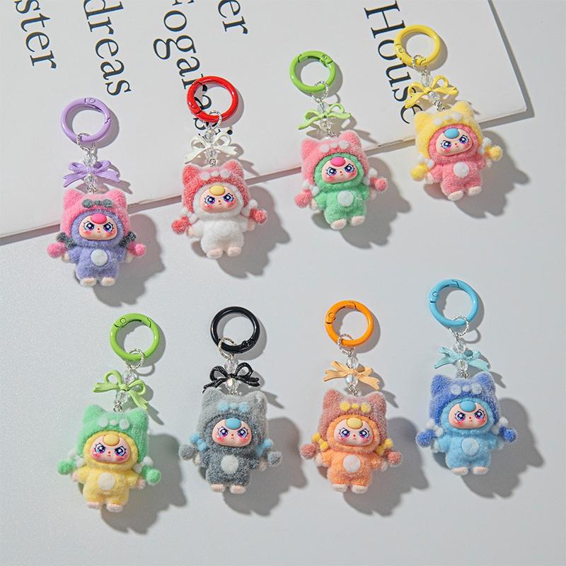 Baby Mini Three Flocking Keychain Trendy Figures Key Chain Cute Kawaii Dora Wendy Doll Keyring Bag Charms Christmas Gifts