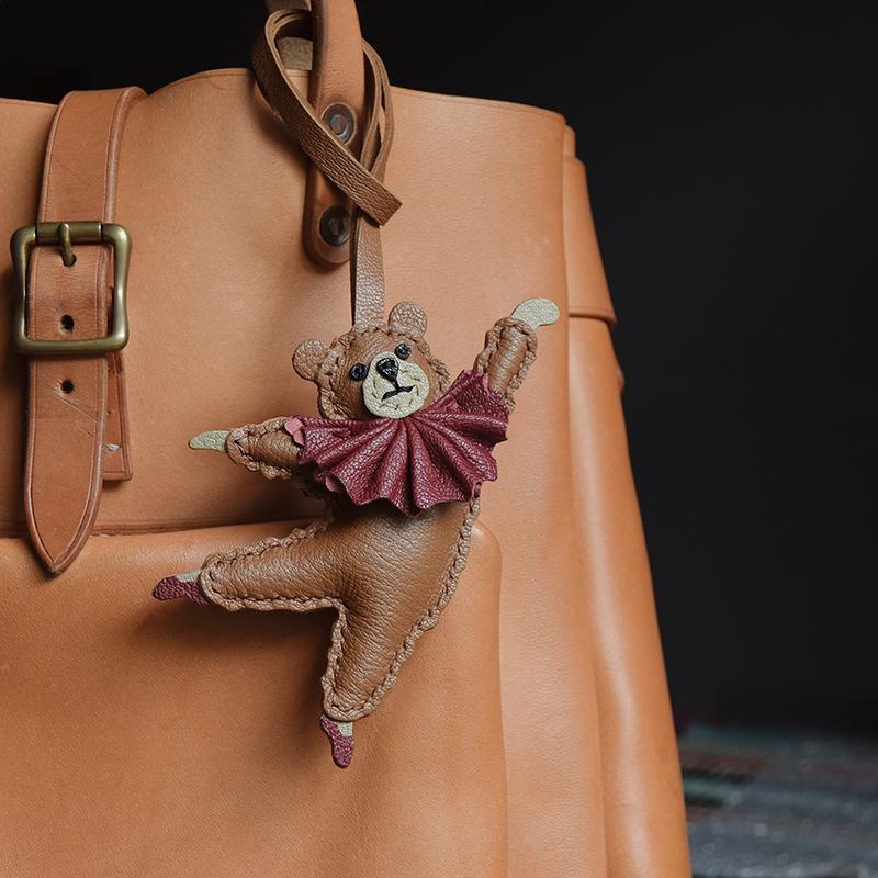 Ballet Bear Original Design Handmade Leather Car Key Bag Pendant Elegant Cute Gift Female Keychain