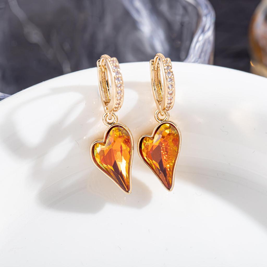 High-End European & American Zircon Heart Earrings – Colorful, Elegant Hoops, Clips & Dangles for Women