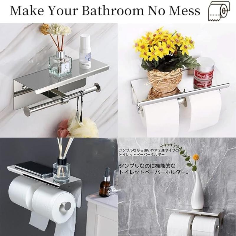 Wall Mounted 304 Stainless Steel Toilet Roll Paper Holder with Shelf, Double Roll Tissue Paper Holder