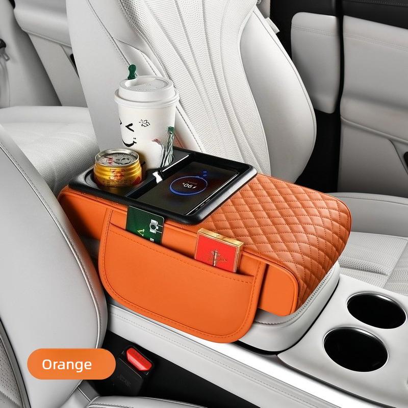 Multifunctional Car Armrest Box with Wireless Charging, Thicken Height Pad Arm Rest Cushion Storage Box Phone Cup Tissue Holder