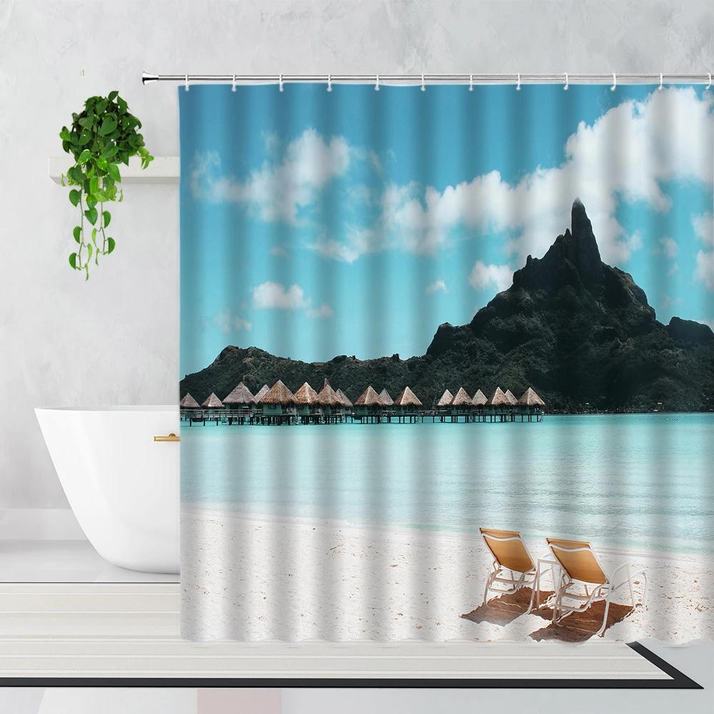 Palm Trees Beach Shower Curtains Sea Waves Island Vacation Hawaii Nature Scenery Summer Fabric Bathroom Decor Bath Curtain Hooks