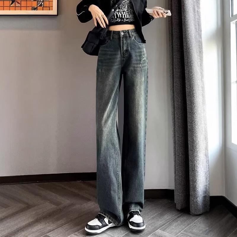 Women's Retro Wide-Leg Jeans - Cement Grey, High-Waisted, Slimming, Autumn/Winter European Style