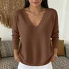 Women's V-Neck Long Sleeve Knit Top Color Casual Sweater for Everyday Wear