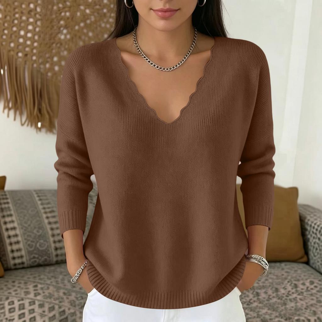 Women's V-Neck Long Sleeve Knit Top Color Casual Sweater for Everyday Wear
