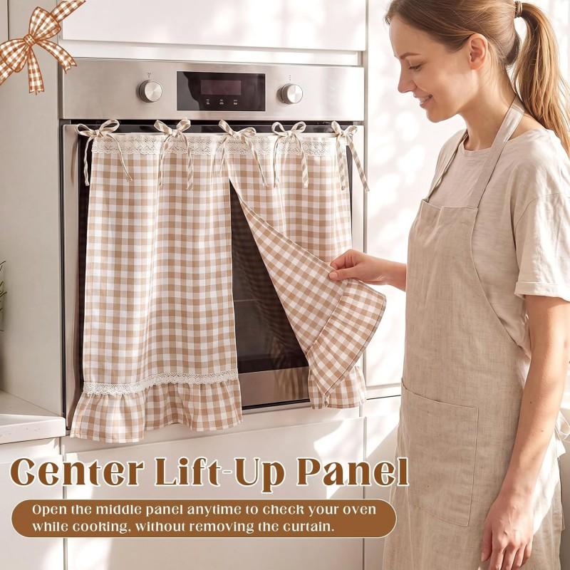 Lace Trimmed Oven Door Curtain With Center Tie Cotton Blend Grid Kitchen Appliance Cover