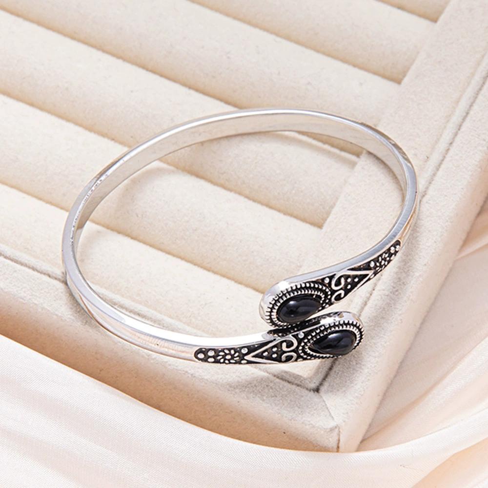 A fashionable retro inlaid imitation green agate water drop men and women adjustable open bracelet, bohemian style summer hundre