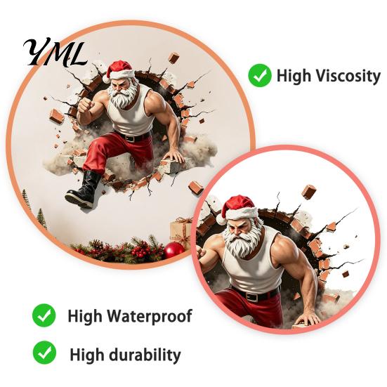 Seasonal Window Decorations Muscle Santa Claus Break Through Wall Christmas Decal, 3D Cracked Brick Gift for Friends Self?Adhesive Sticker,