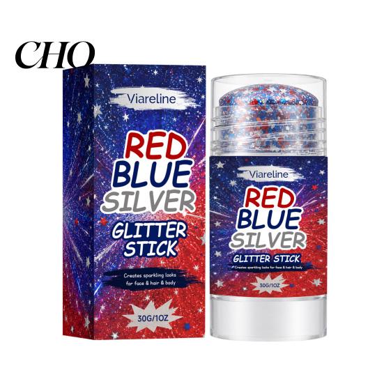 Party Makeup Stick 30G Independence Day Body Glitter Stick, Patriotic American Flag Face Hair Glitter, Red Blue Silver-color 4th of July Accessories A