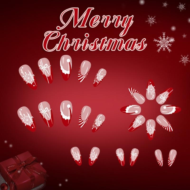 Festival French Press On Nail 24Pieces Red Striped Glitters Snowflakes Artificial Nail For Holiday Celebration