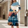 Women's Casual Mid-Length Dress with Round Neck Hawaiian Print Three-Quarter Sleeve Comfortable Fit Summer Dress for Daily Wear