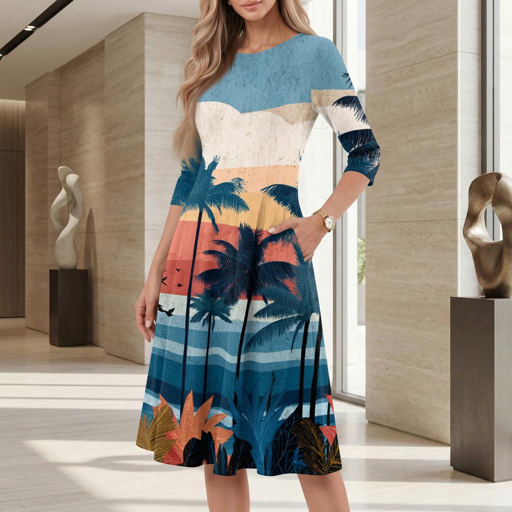 Women's Casual Mid-Length Dress with Round Neck Hawaiian Print Three-Quarter Sleeve Comfortable Fit Summer Dress for Daily Wear