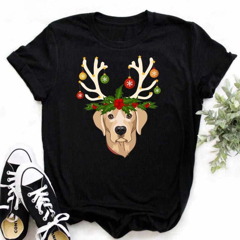 Womens Black Dog Claw Printed Tshirt Leopard Love Printed Christmas Reindeer Design Short Sleeve Casual Holiday Tshirt