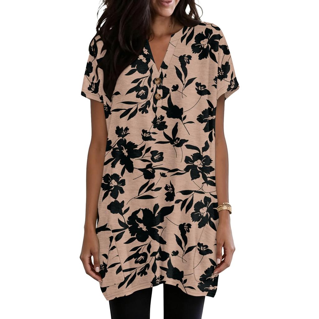 Women’s V Neck Vintage Floral Print Short Sleeve Pullover Top with Pockets Loose Fit Comfortable Design