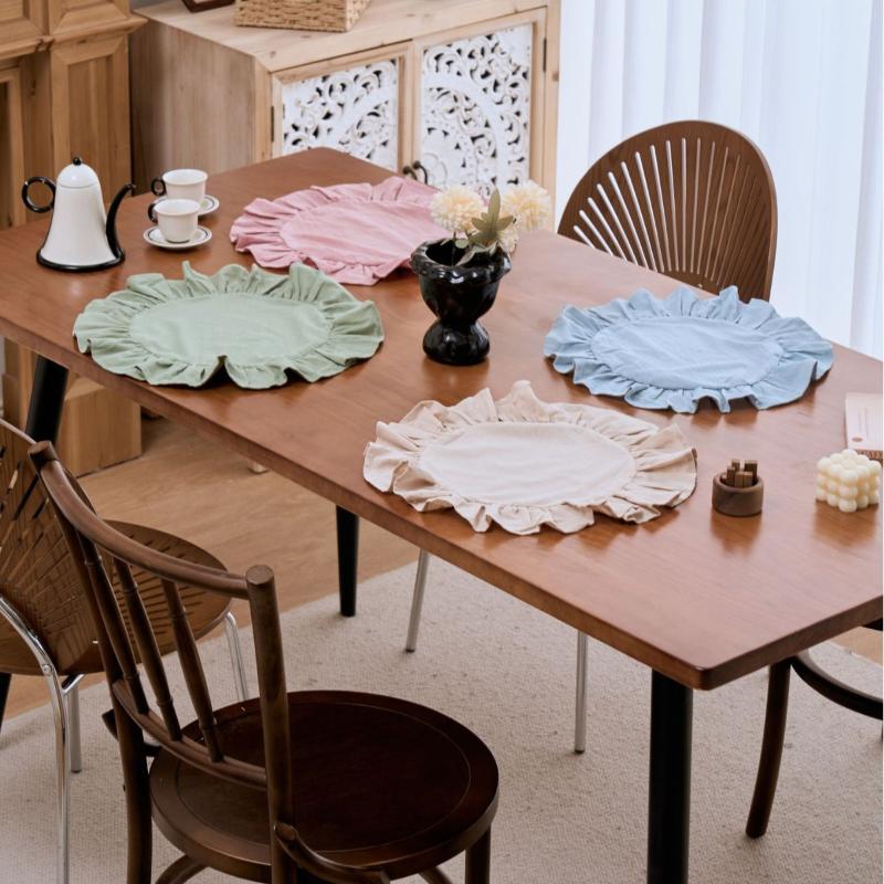 Rustic Placemat Pure Color Round Shape Ruffled Trim Afternoon Tea Placemat Cotton Table Mat Dining Kitchen Table Decor 90%