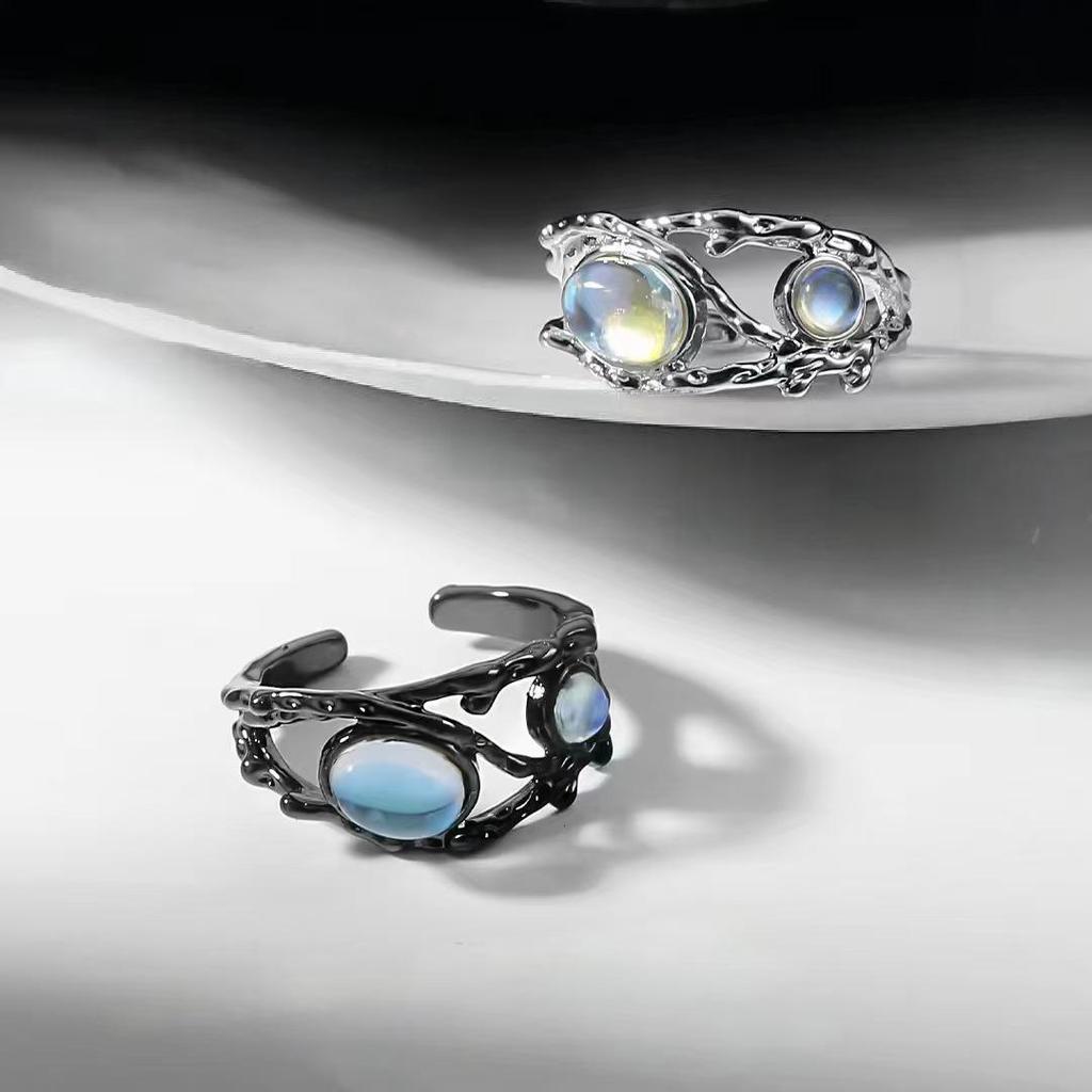 Cross Hand Black & White Moonstone Couple Rings - Retro European American Style for Men & Women