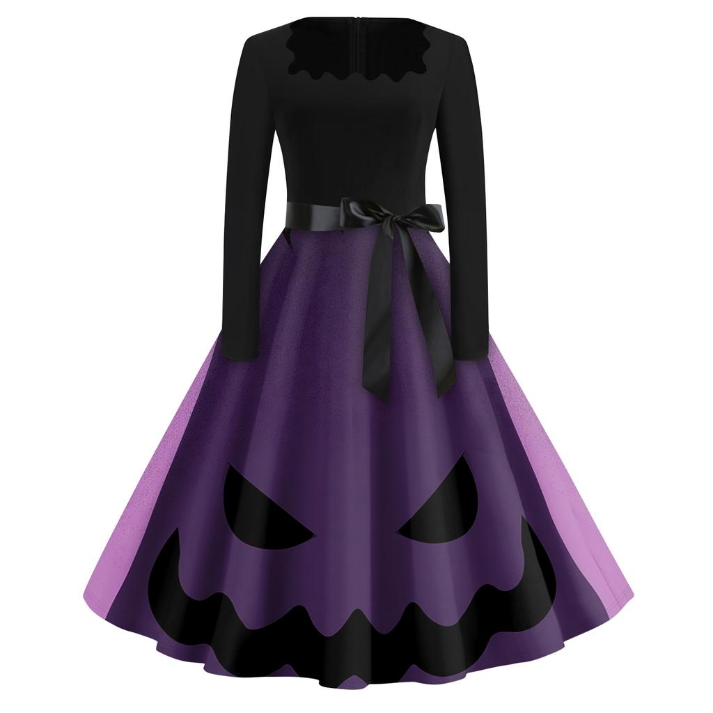 Women's Square Neck Retro Dress with Halloween Print for Casual Parties and Festive Occasions