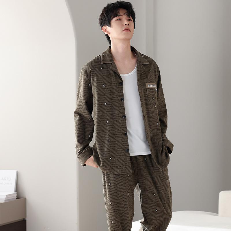 Autumn Pajamas Men'S Spring And Autumn Pure Cotton Long-Sleeved Dad Loungewear Men'S Cotton Large-Size Suit