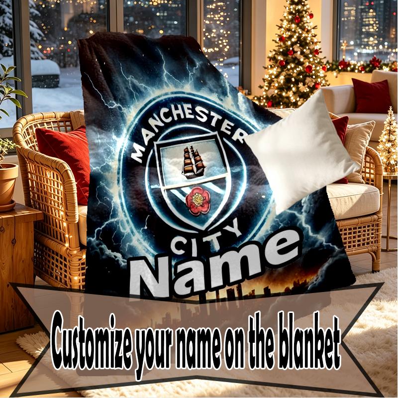 Custom Name Personalized Manchester City FC Print Blankets, Home Decor, Bedroom, Sofa, Camping, Couch, Gifts for Birthday Christmas