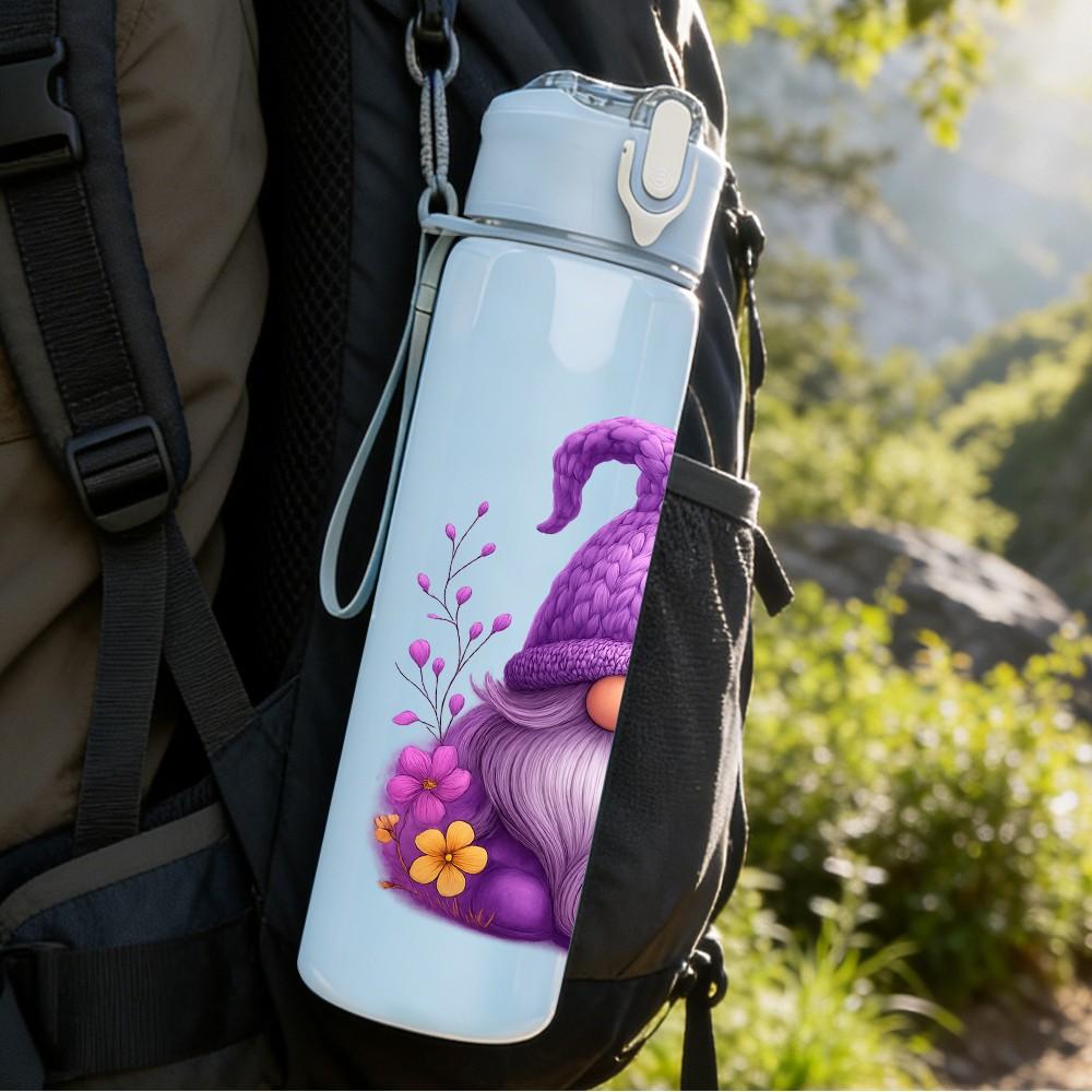 1PC Purple Garden Gnome Art 750ml Color Plastic Sports Water Bottle Leakproof Flip Straw Lid Suitable for Sports Office Home Use