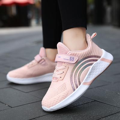 Four Seasons Girls' Shoes Children's Lightweight Flyknit Sneakers Elementary School Students Soft Bottom Velcro Running Casual Shoes
