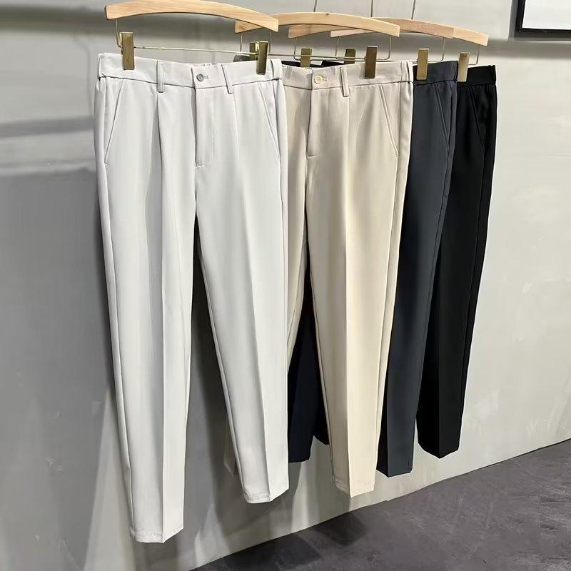 Men's British-Style Straight Slim-Fit Drapey Trousers, Korean Tapered Nine-Point Suit Pants
